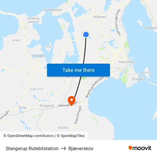 Slangerup Rutebilstation to Bjæverskov map