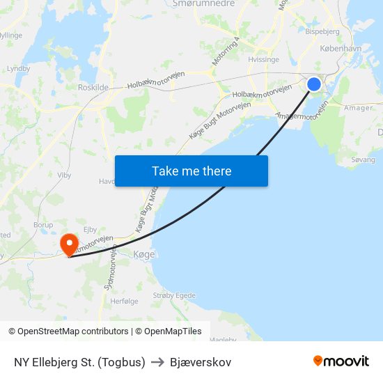 NY Ellebjerg St. (Togbus) to Bjæverskov map