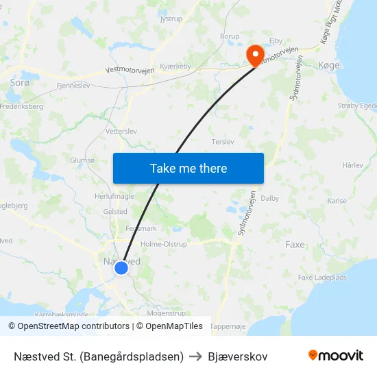 Næstved St. (Banegårdspladsen) to Bjæverskov map