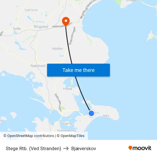 Stege Rtb. (Ved Stranden) to Bjæverskov map