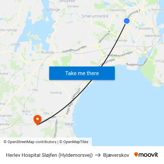 Herlev Hospital Sløjfen (Hyldemorsvej) to Bjæverskov map