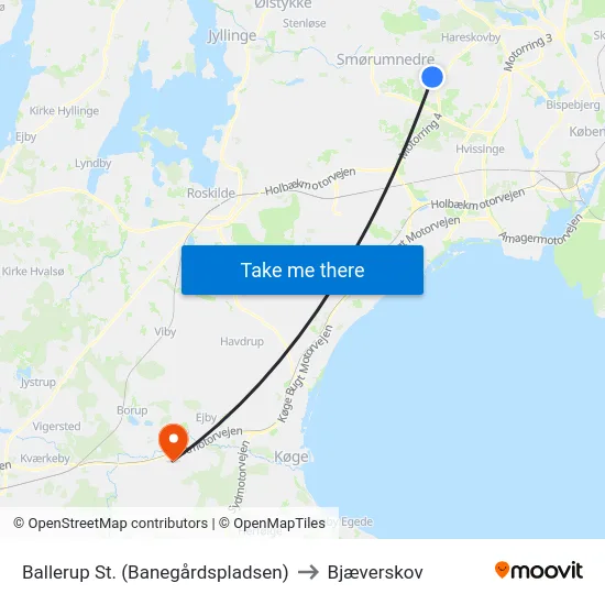 Ballerup St. (Banegårdspladsen) to Bjæverskov map