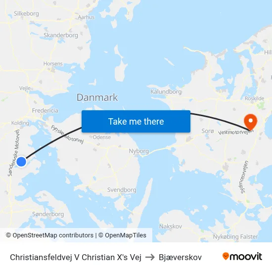 Christiansfeldvej V Christian X's Vej to Bjæverskov map