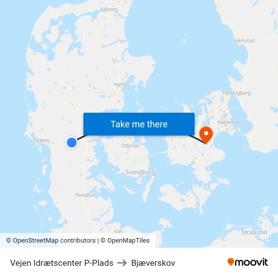 Vejen Idrætscenter P-Plads to Bjæverskov map