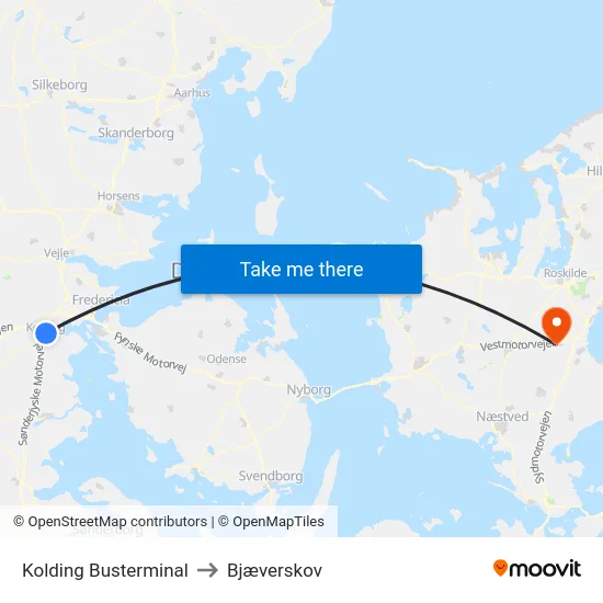 Kolding Busterminal to Bjæverskov map