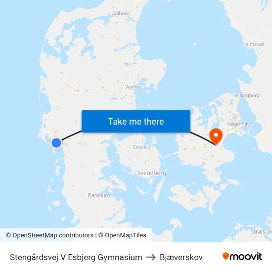 Stengårdsvej V Esbjerg Gymnasium to Bjæverskov map