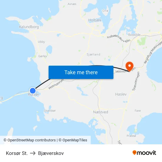 Korsør St. to Bjæverskov map