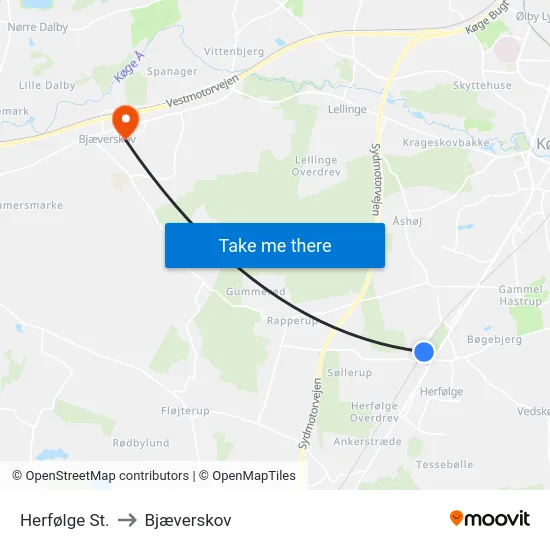 Herfølge St. to Bjæverskov map