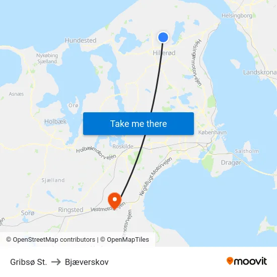 Gribsø St. to Bjæverskov map