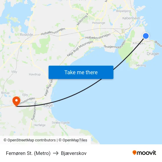 Femøren St. (Metro) to Bjæverskov map