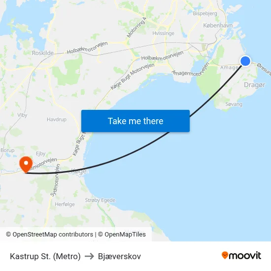 Kastrup St. (Metro) to Bjæverskov map