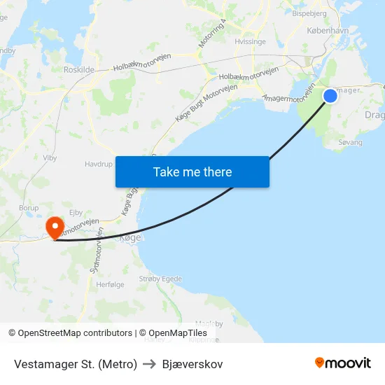 Vestamager St. (Metro) to Bjæverskov map