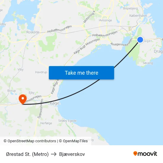 Ørestad St. (Metro) to Bjæverskov map