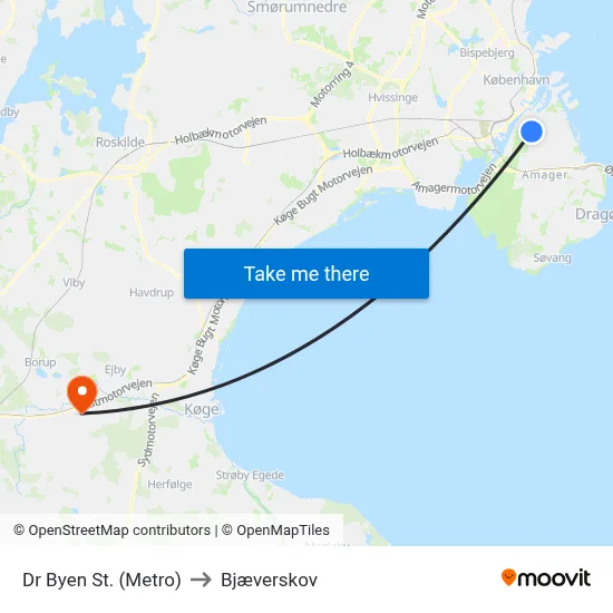 Dr Byen St. (Metro) to Bjæverskov map