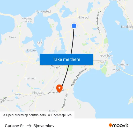 Gørløse St. to Bjæverskov map