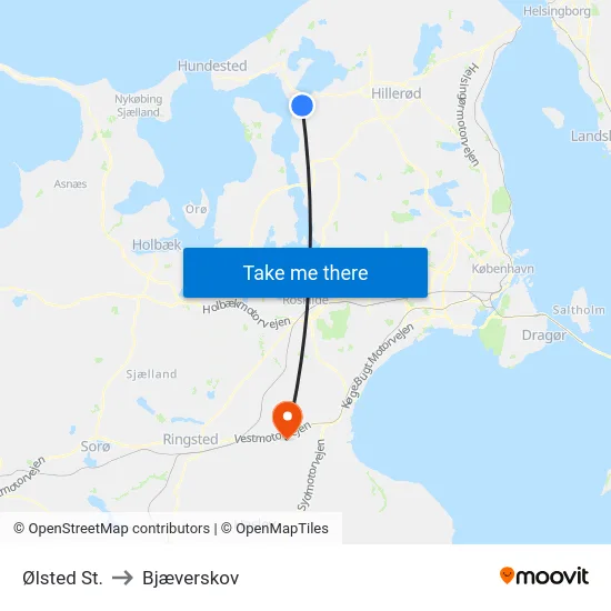 Ølsted St. to Bjæverskov map