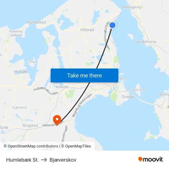 Humlebæk St. to Bjæverskov map