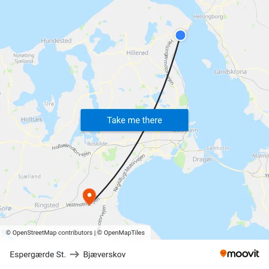 Espergærde St. to Bjæverskov map