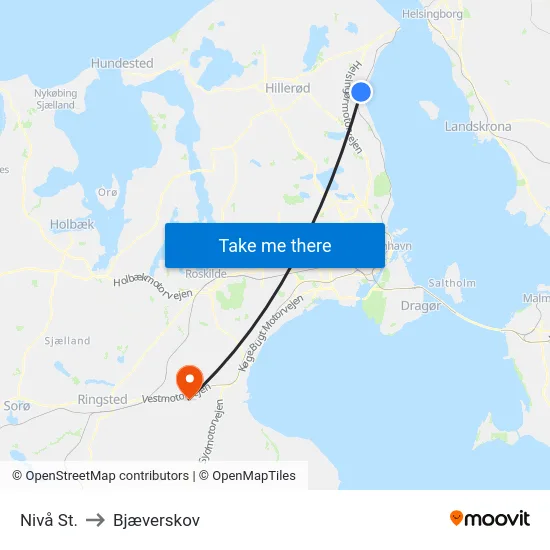 Nivå St. to Bjæverskov map