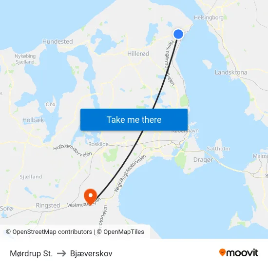 Mørdrup St. to Bjæverskov map