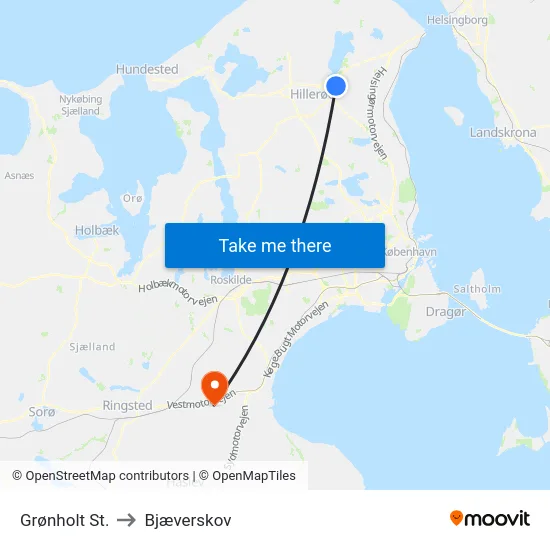 Grønholt St. to Bjæverskov map