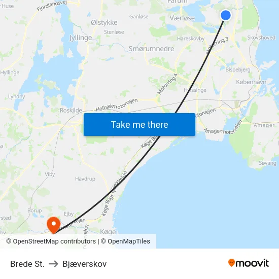 Brede St. to Bjæverskov map