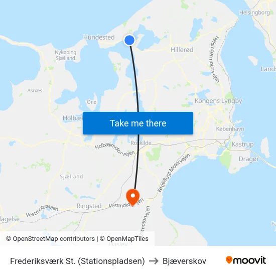 Frederiksværk St. (Stationspladsen) to Bjæverskov map