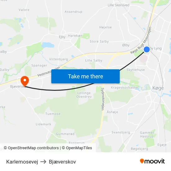Karlemosevej to Bjæverskov map