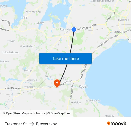 Trekroner St. to Bjæverskov map
