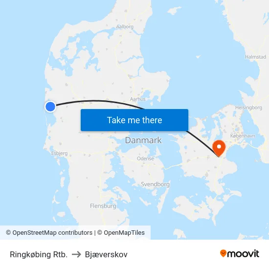 Ringkøbing Rtb. to Bjæverskov map