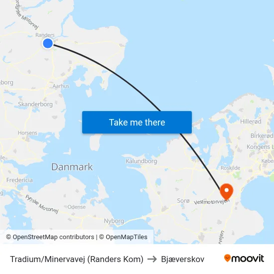 Tradium/Minervavej (Randers Kom) to Bjæverskov map
