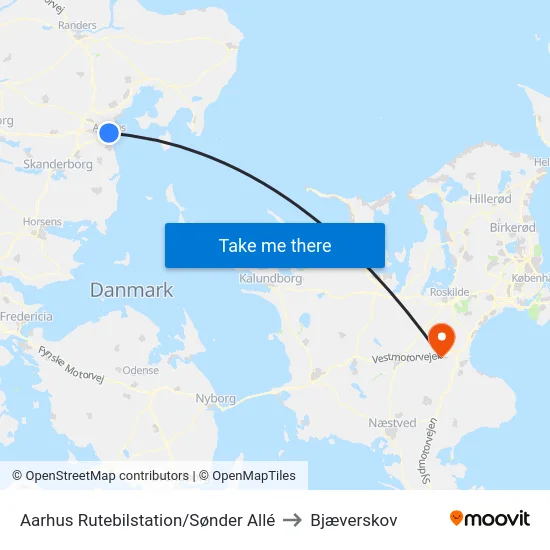 Aarhus Rutebilstation/Sønder Allé to Bjæverskov map