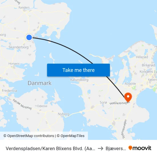 Verdenspladsen/Karen Blixens Blvd. (Aarhus Kom) to Bjæverskov map