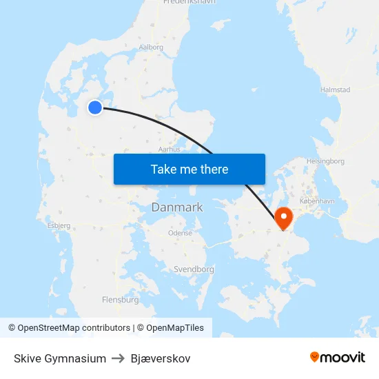 Skive Gymnasium to Bjæverskov map