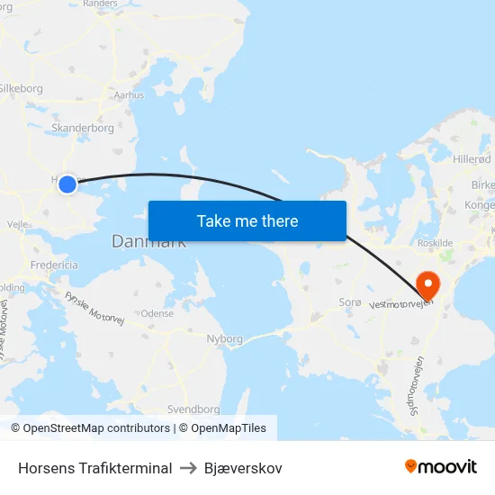 Horsens Trafikterminal to Bjæverskov map