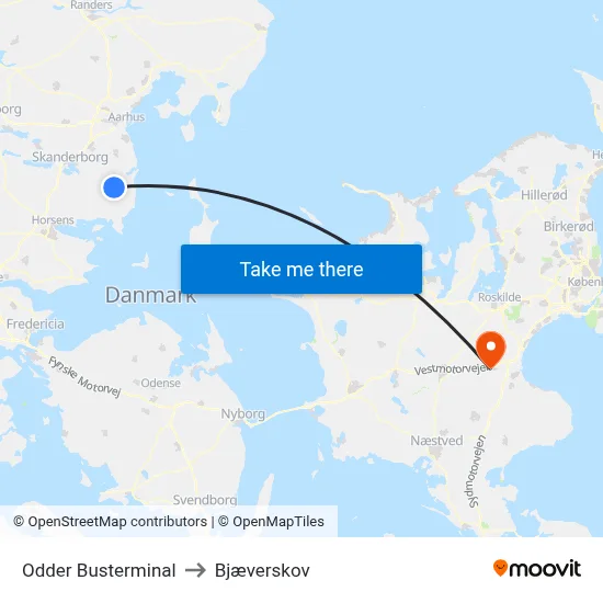 Odder Busterminal to Bjæverskov map
