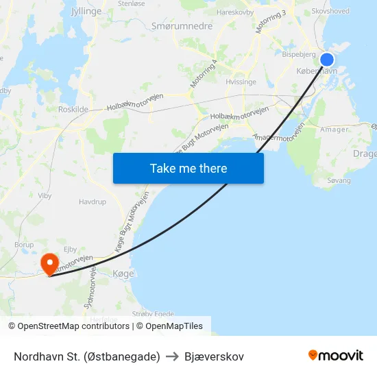 Nordhavn St. (Østbanegade) to Bjæverskov map