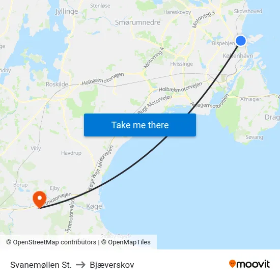 Svanemøllen St. to Bjæverskov map