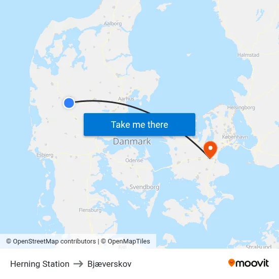Herning Station to Bjæverskov map