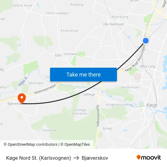 Køge Nord St. (Karlsvognen) to Bjæverskov map