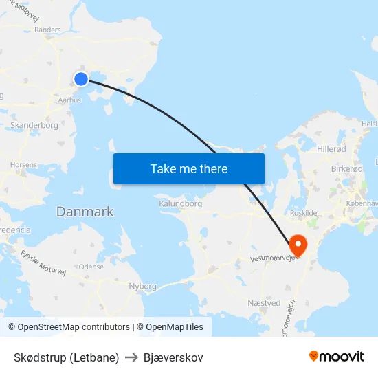 Skødstrup (Letbane) to Bjæverskov map