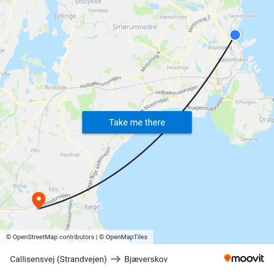 Callisensvej (Strandvejen) to Bjæverskov map