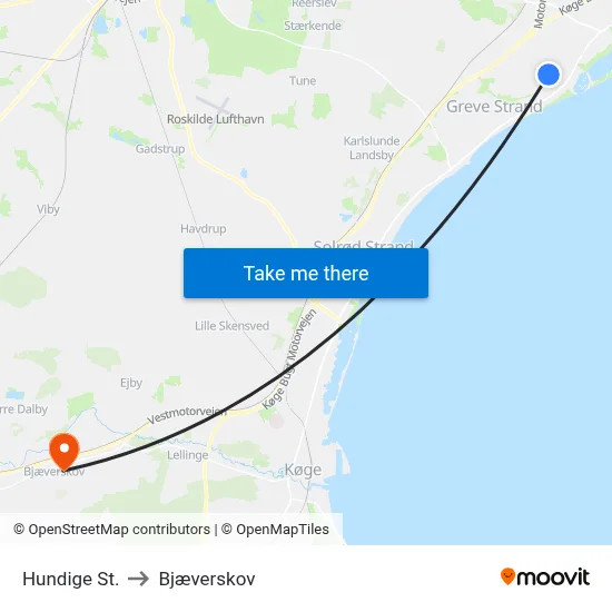 Hundige St. to Bjæverskov map