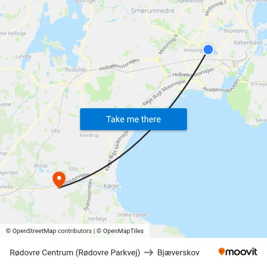 Rødovre Centrum (Rødovre Parkvej) to Bjæverskov map