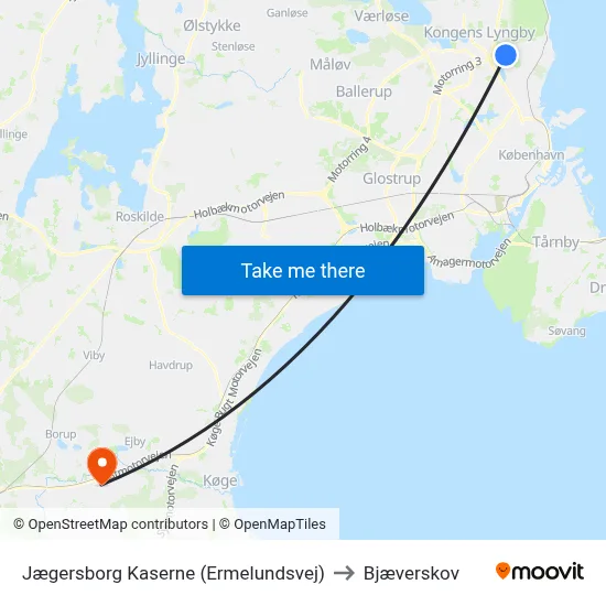 Jægersborg Kaserne (Ermelundsvej) to Bjæverskov map