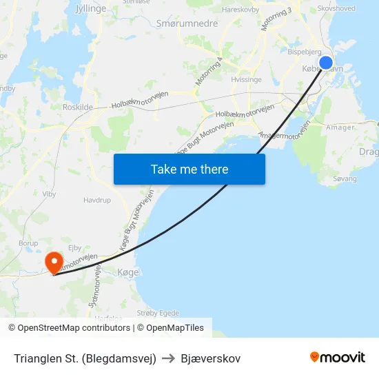 Trianglen St. (Blegdamsvej) to Bjæverskov map