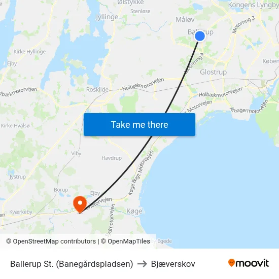Ballerup St. (Banegårdspladsen) to Bjæverskov map