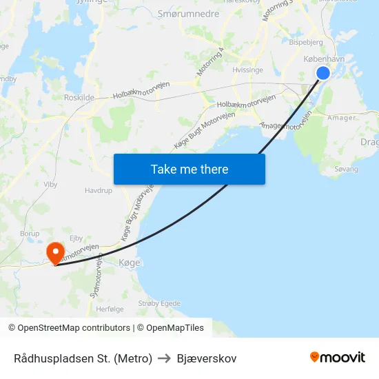 Rådhuspladsen St. (Metro) to Bjæverskov map