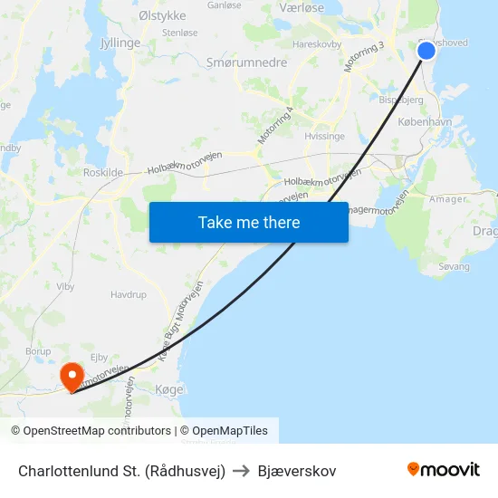 Charlottenlund St. (Rådhusvej) to Bjæverskov map