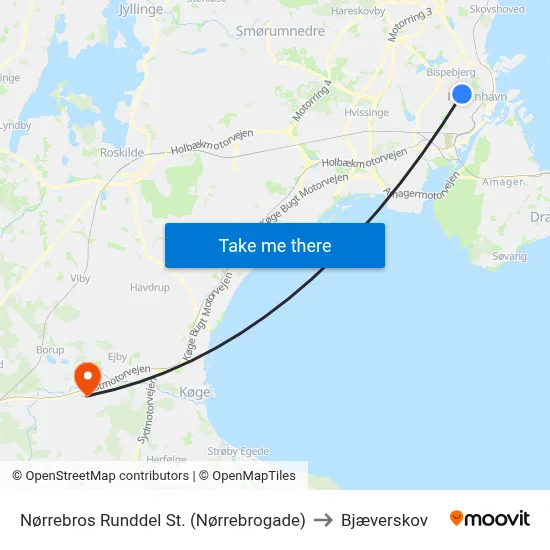 Nørrebros Runddel St. (Nørrebrogade) to Bjæverskov map